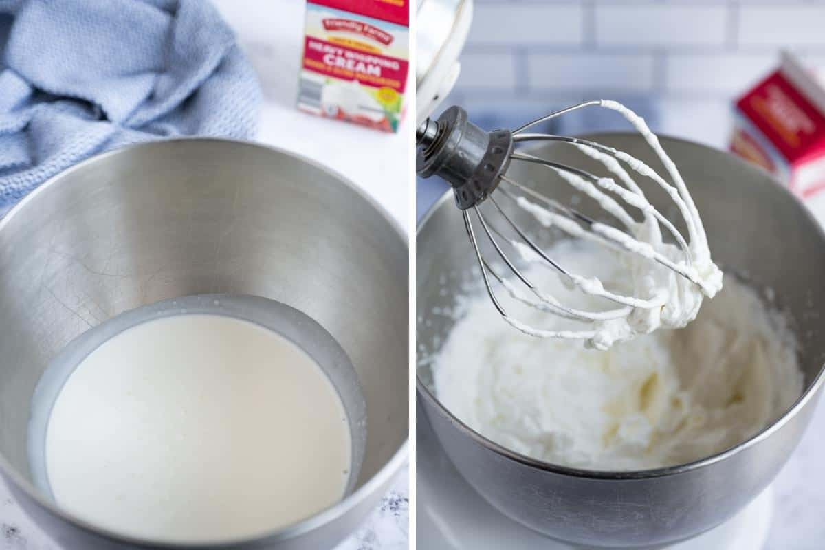 Two collage image showing heavy whipping cream in a cold bowl and whipped cream made in stand mixer.