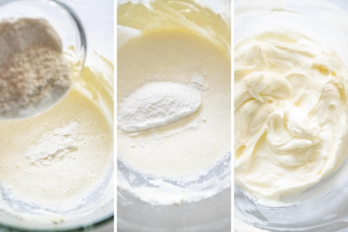 Collage image showing adding pudding mixture and whipped pudding mixture.