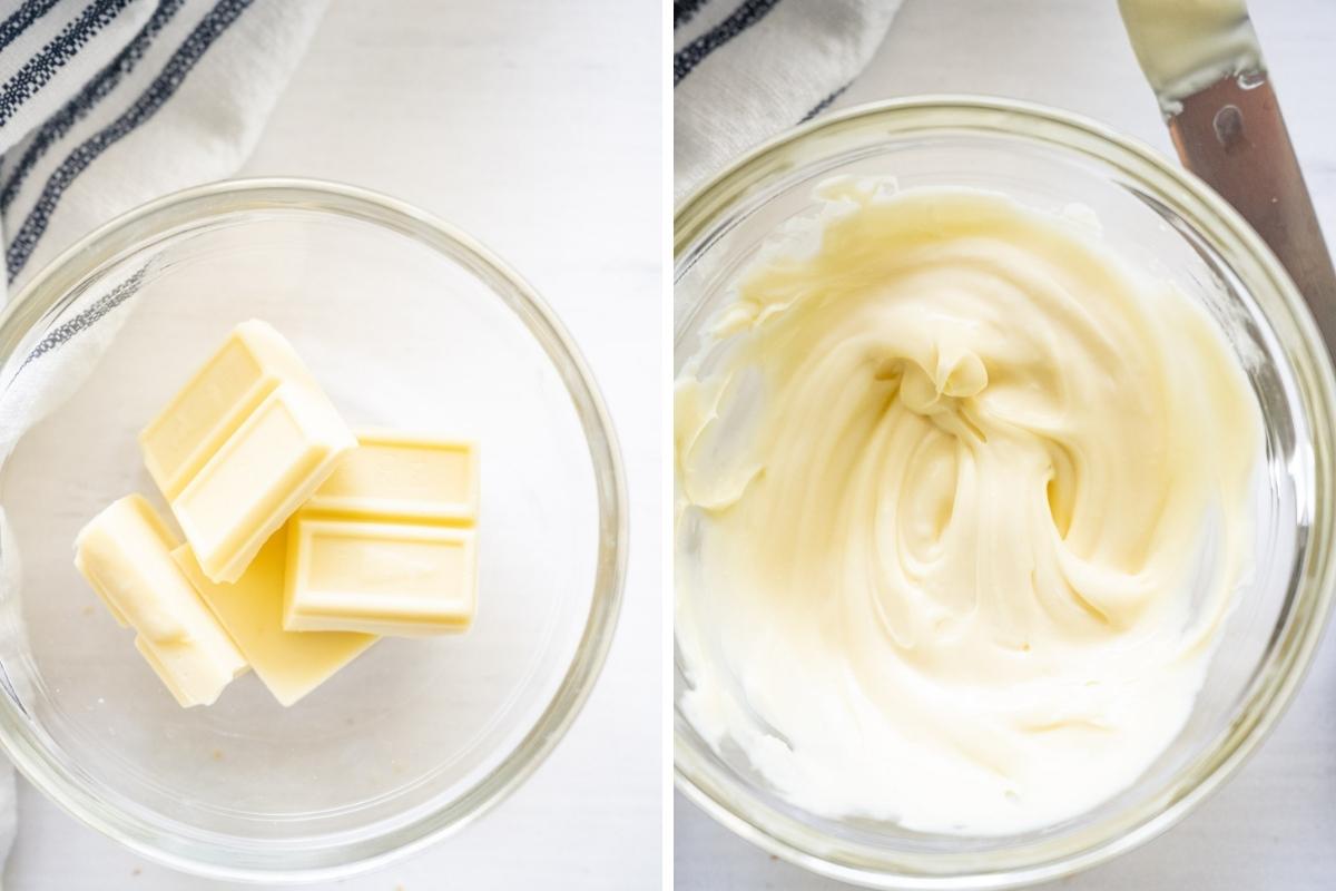 Collage image showing white chocolate squares in microwave safe bowl and then after being melted.