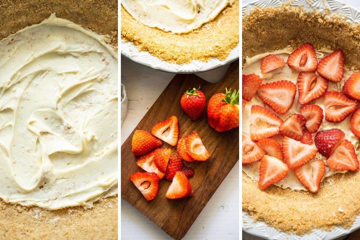 Collage image showing white chocolate layer, slicing strawberries and sliced berries on top of bottom white chocolate layer.