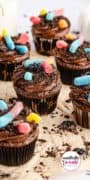 Gummy worm dirt cupcake pinterest image with logo.