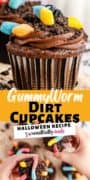 Gummy Worm Dirt Cupcakes pinterest brand image with upclose cupcake and hands holding a cupcake.