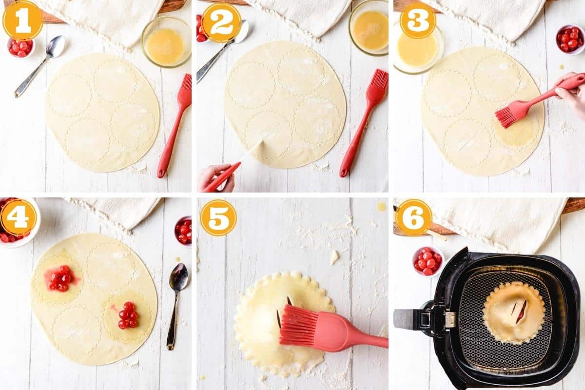 Six image collage showing step by step process to make air fryer cherry hand pies.