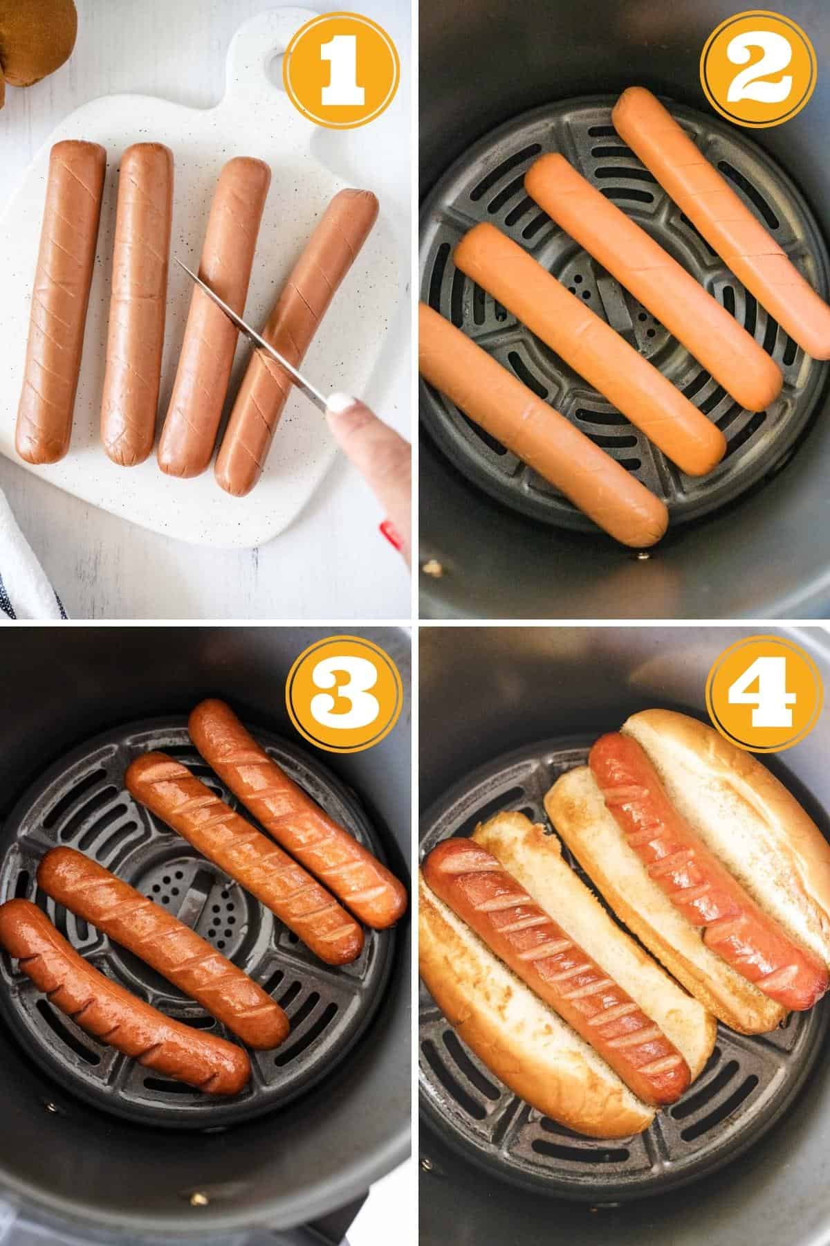 Four image collage showing steps to air fry hot dogs in the air fryer.