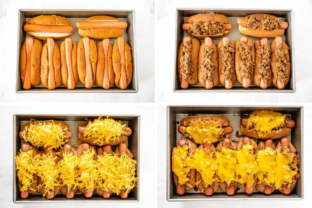 Four image collage showing the process to making baked chili cheese dogs.