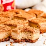 An upclose image of Biscoff cheesecake square with surrounding cut squares set on parchment paper.