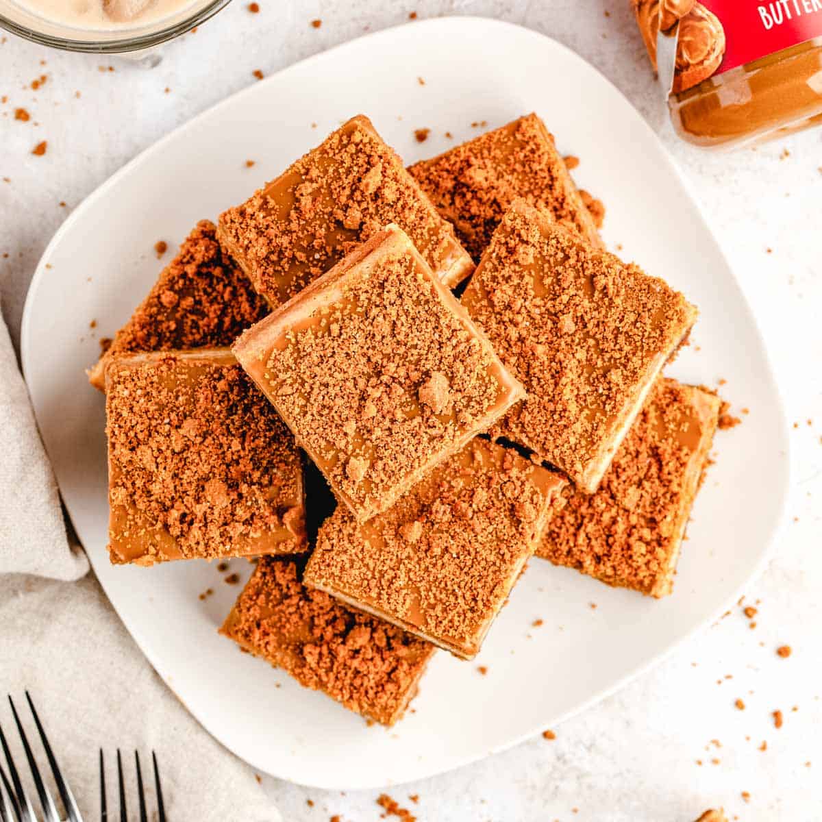 An overhead image of cut cookie butter cheesecake bars on a white plate.