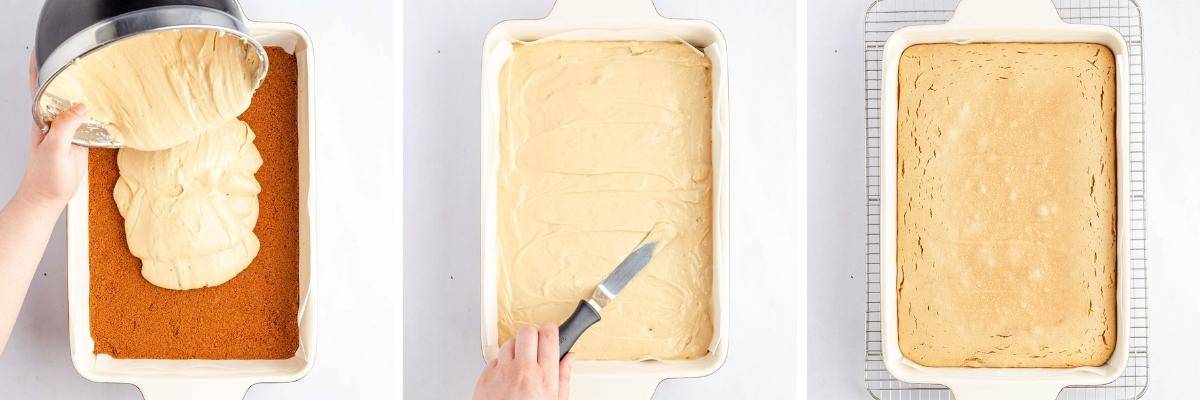 Collage image showing steps to make at cheesecake filling to crust and baked cheesecake.