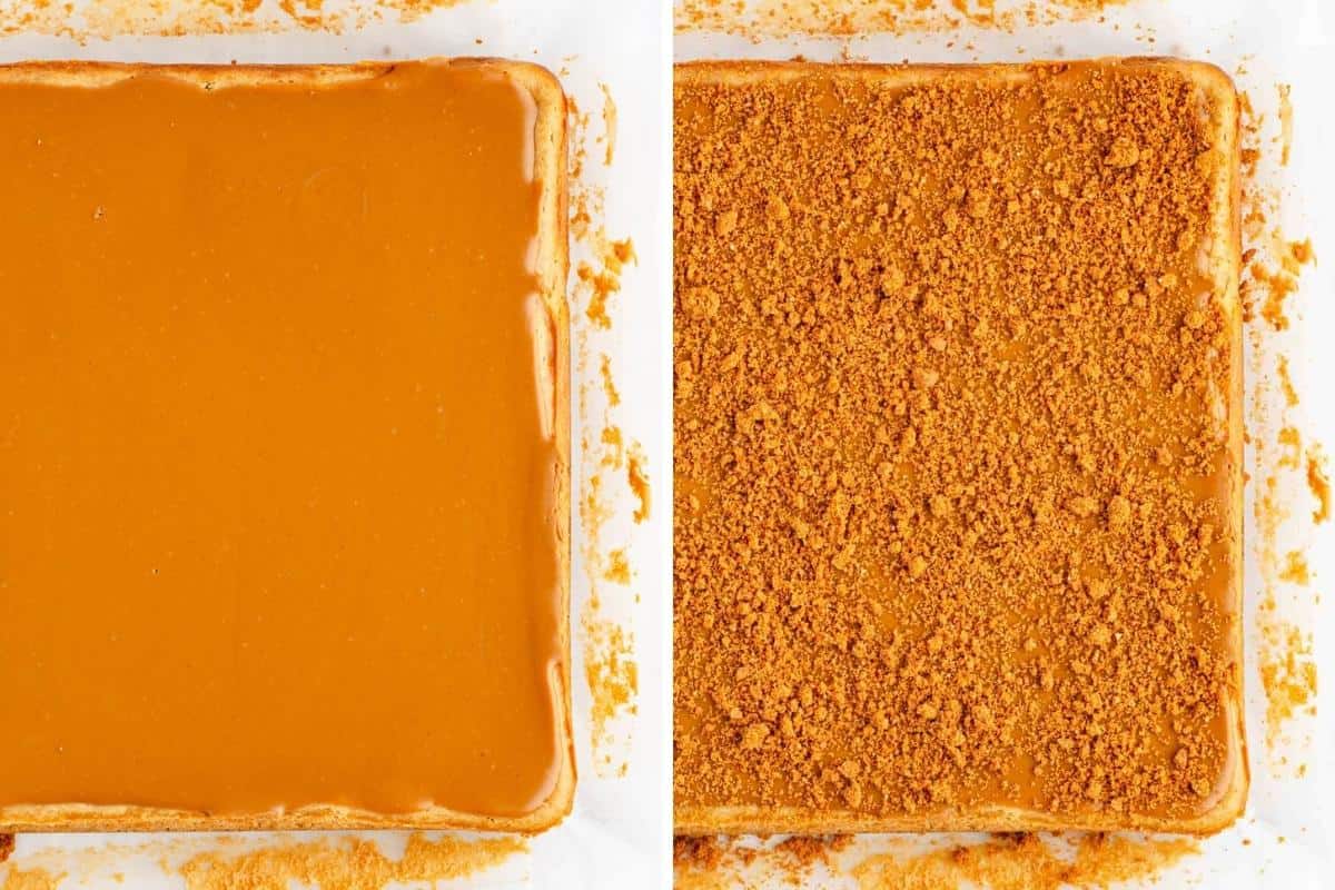 Collage image showing steps to add the crumb topping.