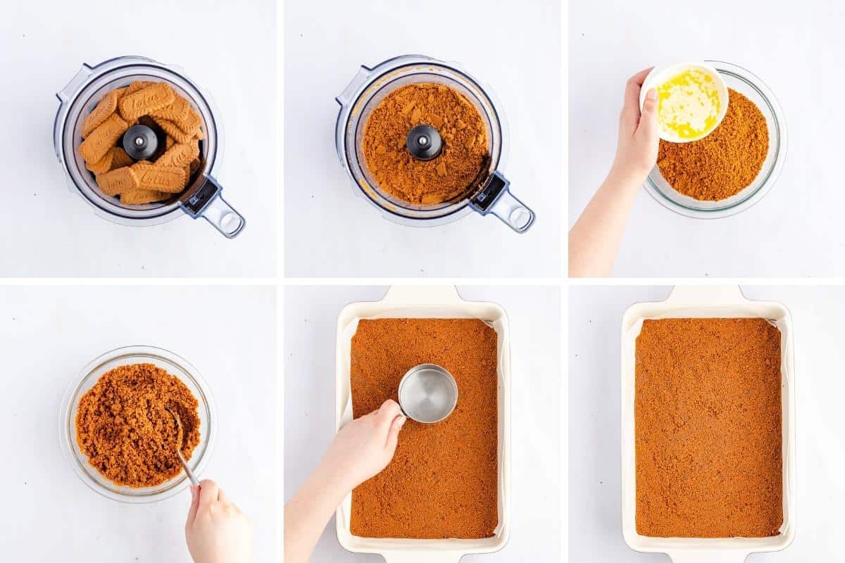 Collage image showing steps to make Biscoff crust.