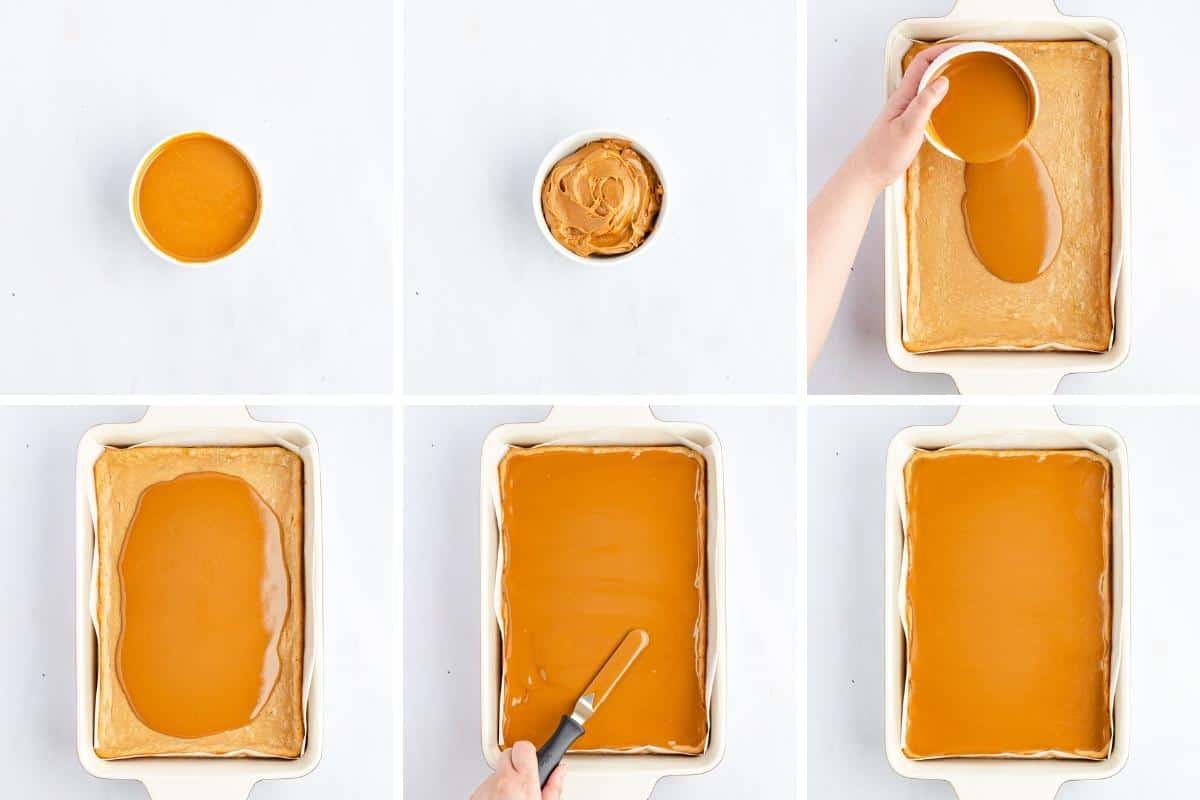 Collage image showing steps to add the melted Biscoff topping to baked cheesecake bars.