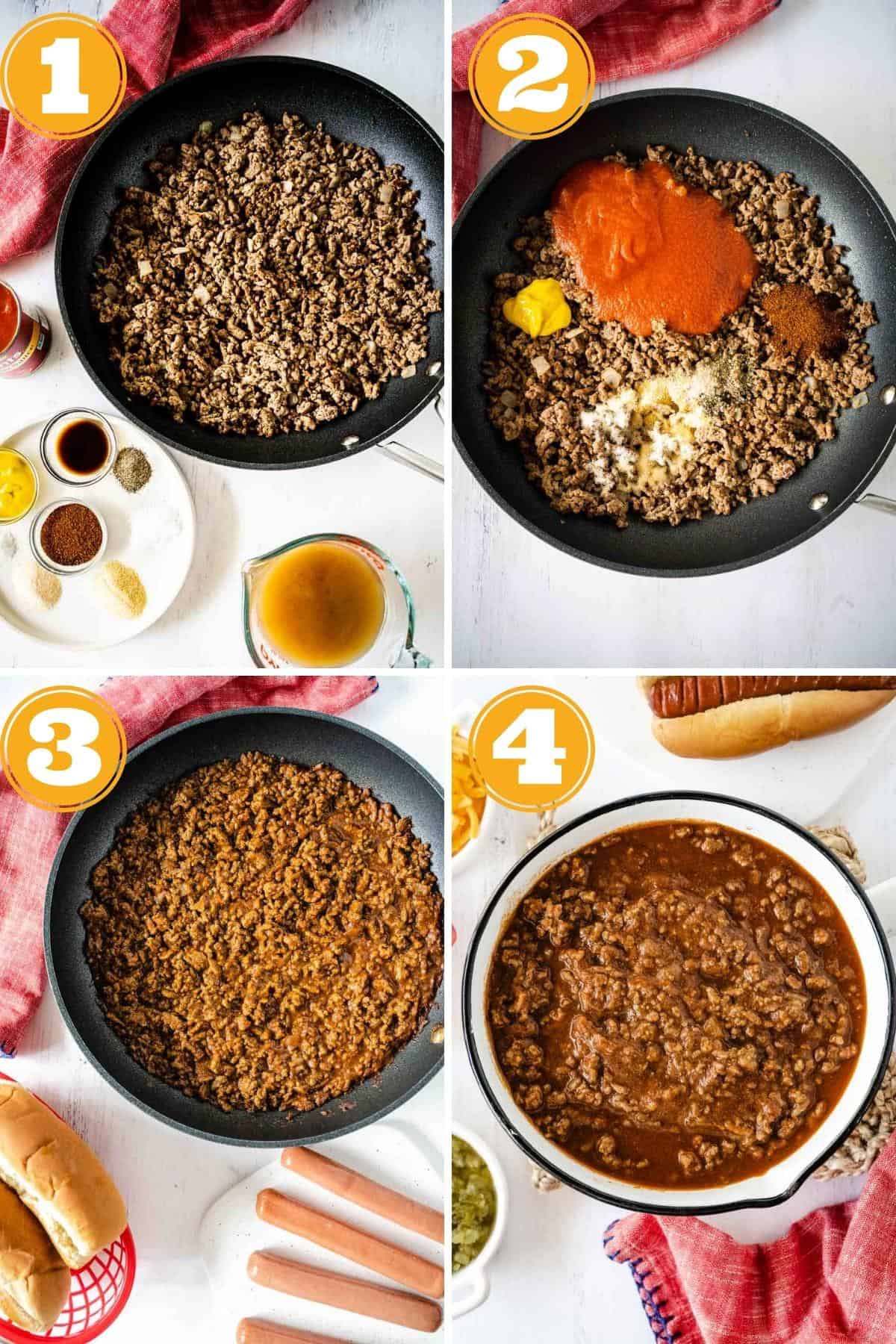 Step by step images of cooked ground beef and onions, adding remaining ingredients to ground beef mixture, simmering sauce in skillet, and sauce served in white saucepan.