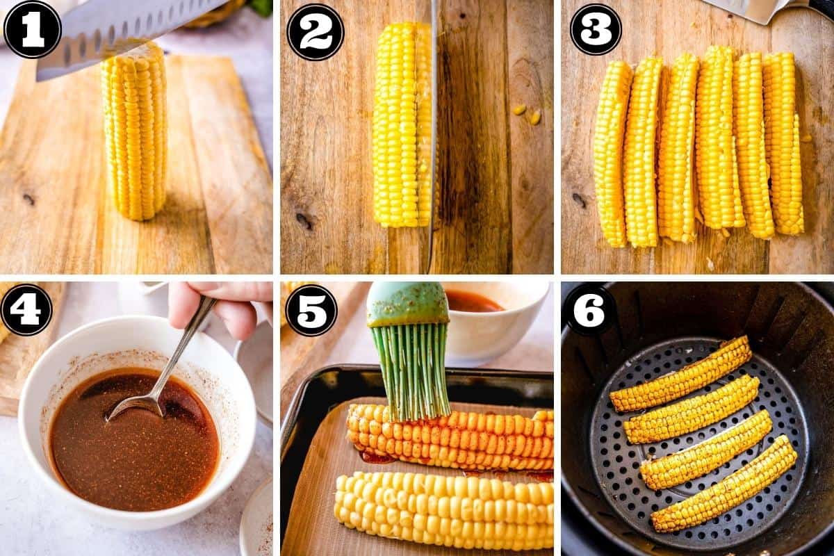 Collage image of steps to make air fryer corn ribs; cut corn ribs, coat with seasonings, and place in air fryer.