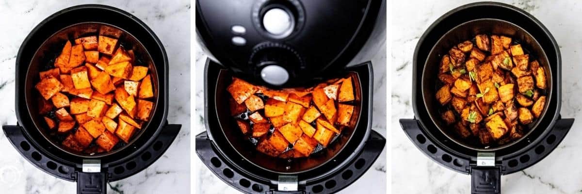 Collage image of putting prepped sweet potatoes into air fryer and what they look like after frying them.