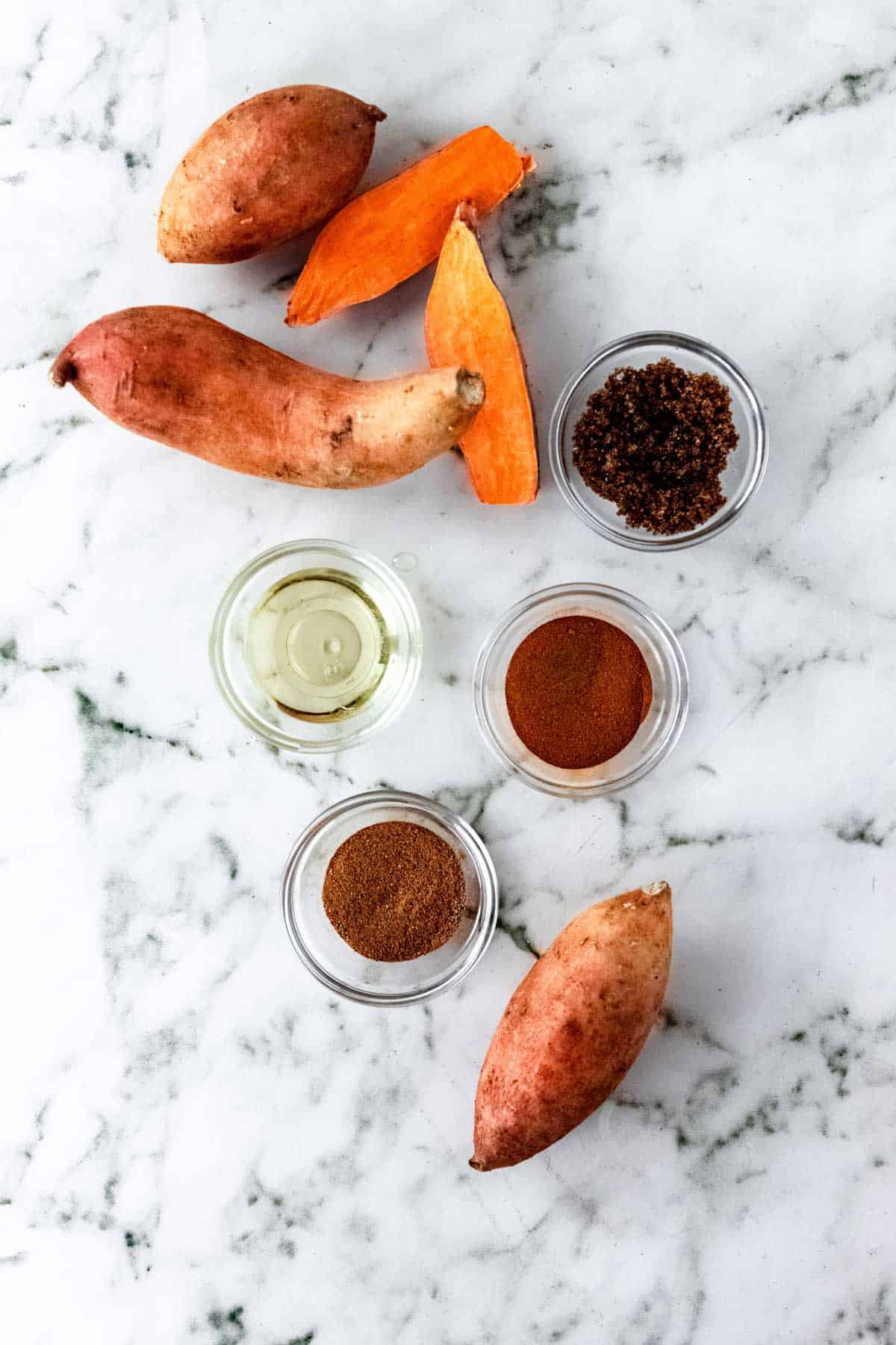 Image of ingredients needed to make air fryer sweet potato cubes.