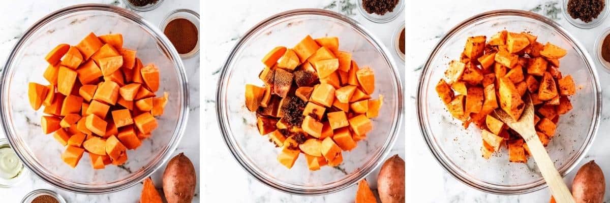 Collage image of prepping sweet potatoes into cubes and adding seasonings.