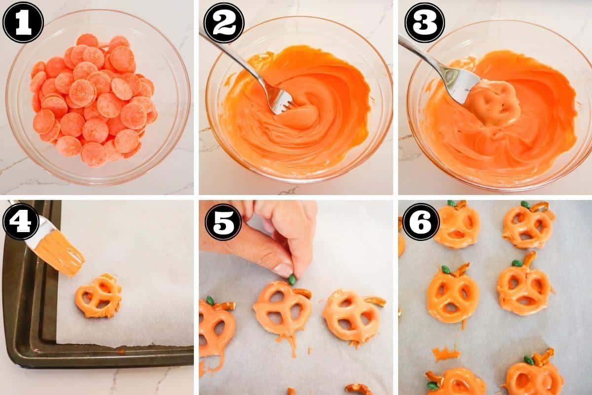 Collage image showing steps to make and decorate pumpkins with candy melts, m&m's, and pretzel pieces.