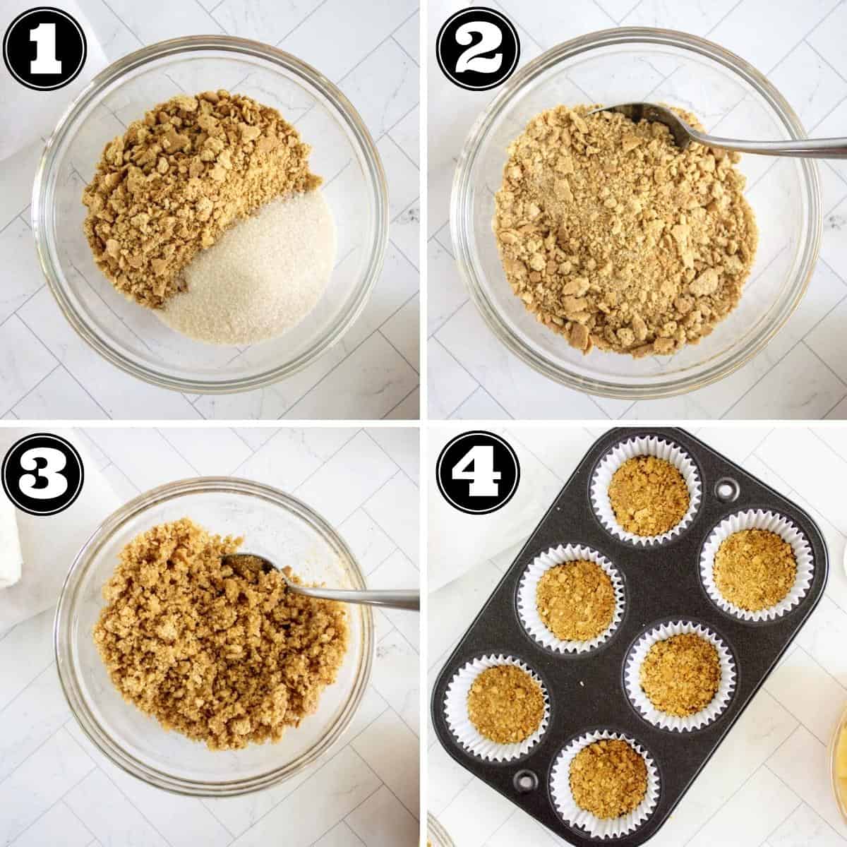Collage image showing steps to make mini cheesecake crust.