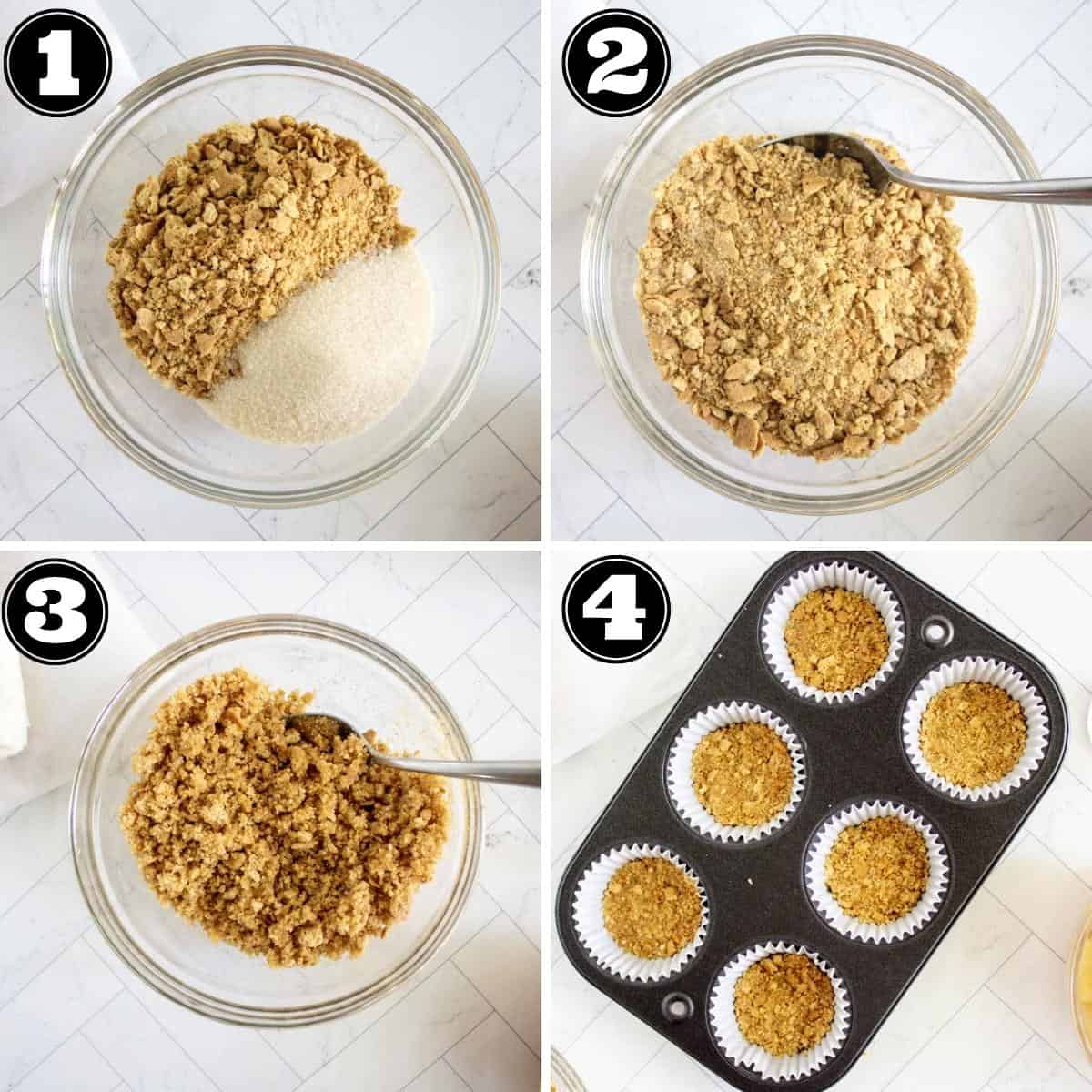 Collage image showing steps to make mini cheesecake crust.