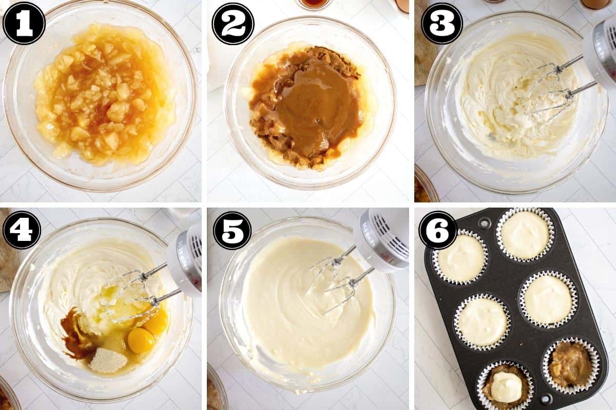 Collage image showing steps to make mini cheesecake filling.