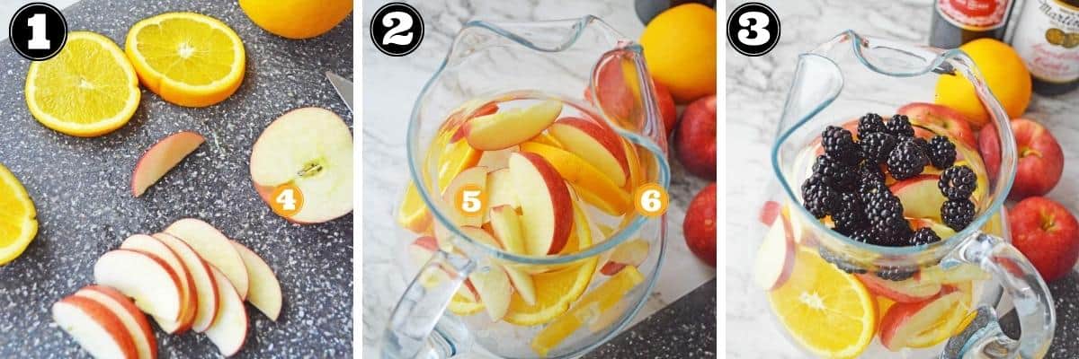 Collage image: cutting fruit and adding to a glass pitcher.
