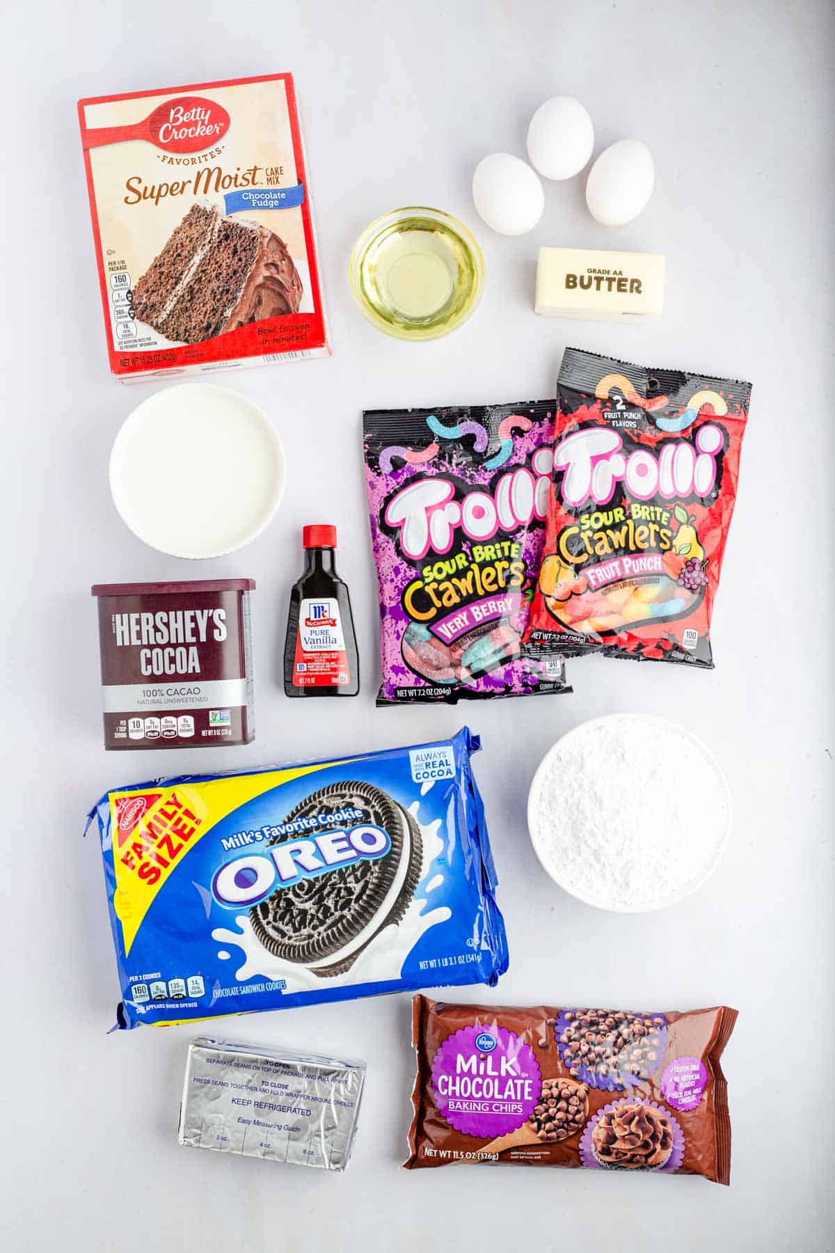 Image of ingredients needed to make gummy worm dirt cupcakes.