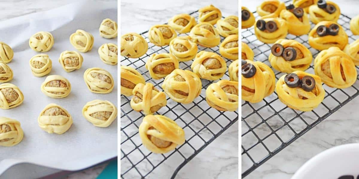 Three image collage showing steps to bake mummy meatballs; place on parchment lined baking sheet, bake, remove to cooling rack, and add olive eyes.