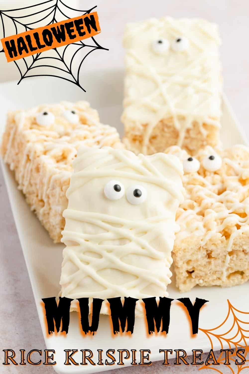 A plate of rice krispie treats decorated like mummies on a white plate with Halloween graphics on the image.