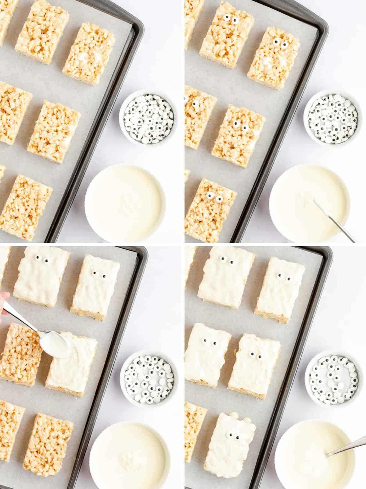 Collage image showing steps to add white chocolate and candy eyes to rice krispie treats.