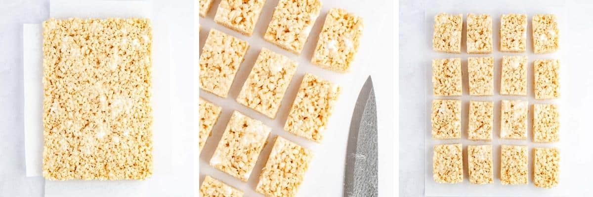 Collage images showing cutting set rice krispies into squares.
