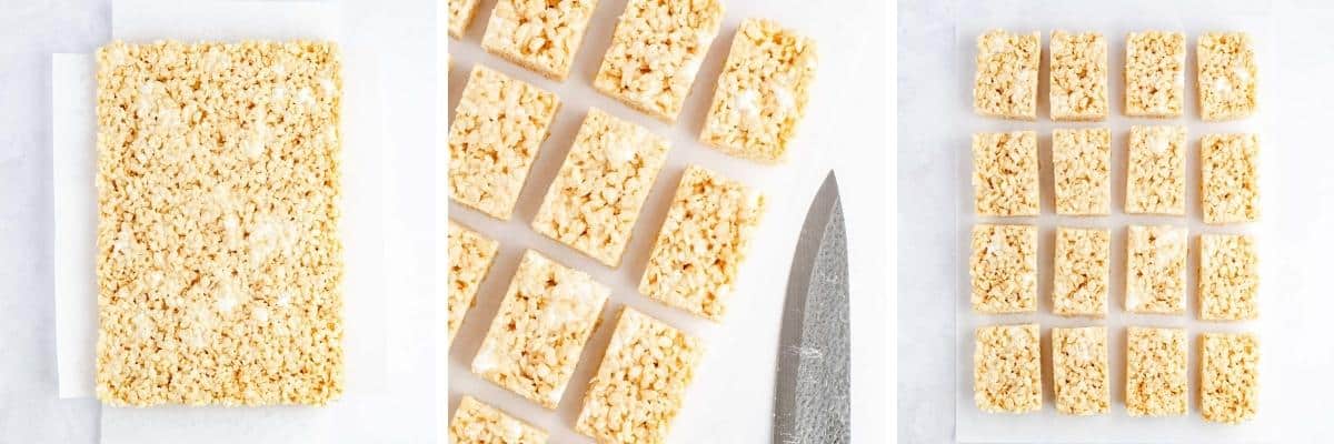 Collage images showing cutting set rice krispies into squares.