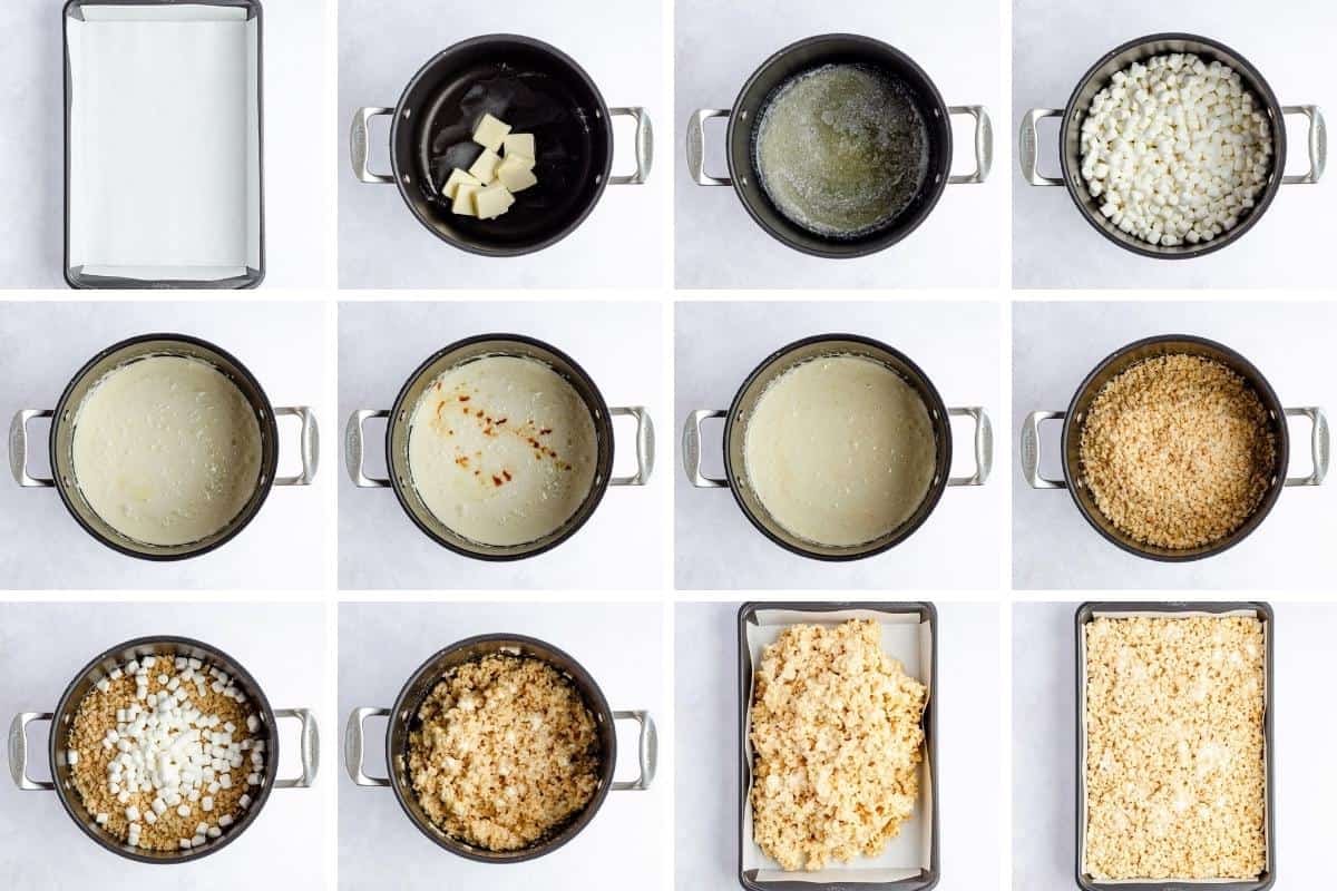 Collage images showing steps to make rice krispie treats.