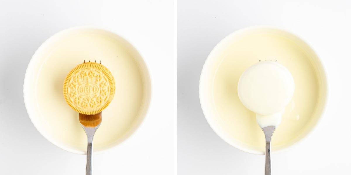 Collage image of dipping oreo cookies into melted white chocolate wafers; a bowl showing a cookie on a fork above it and the other bowl showing the cookie after being dipped.