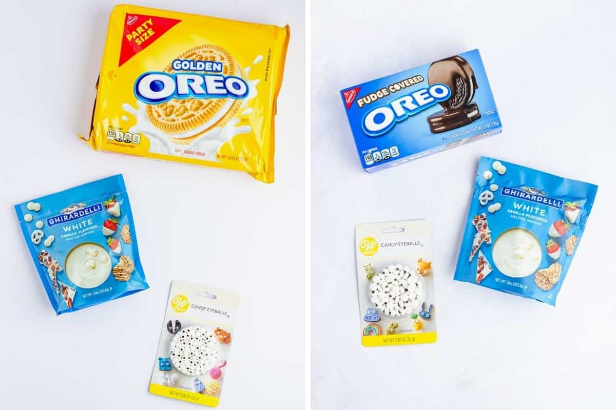 Collage image showing ingredients needed to make Oreo Mummy Cookies; Oreo Cookies, white candy melts, and candy eyeballs.