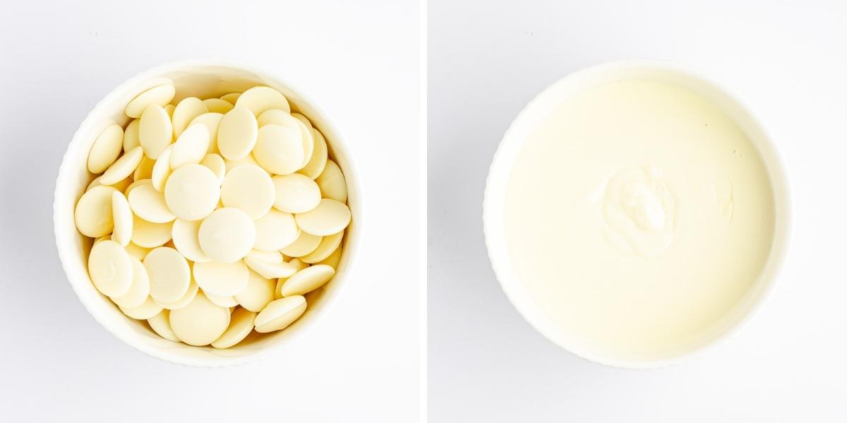 Collage image of melting white chocolate wafers; a bowl of unmelted wafters next to a bowl of melted wafers.