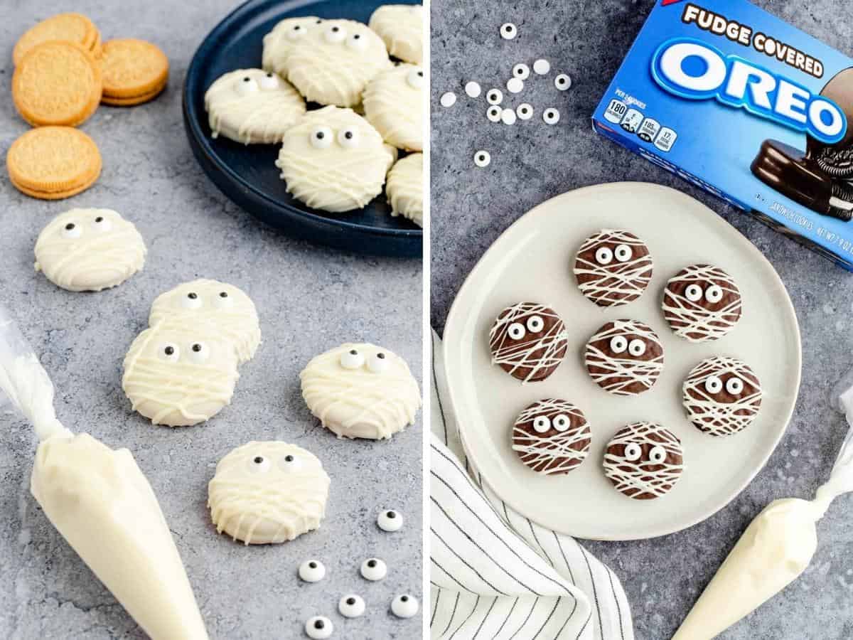 Collage image: Left image of golden oreos dipped in white chocolate and decorated like mummies and right image of fudge oreos with white chocolate piped to look like mummies.