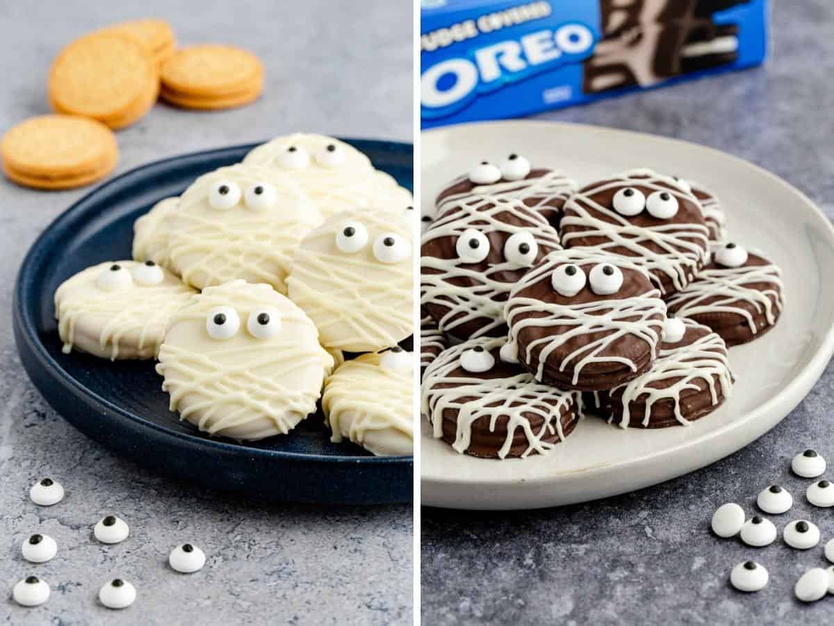 Two side by side images each of a plate of mummy cookies - left white chocolate and right fudge oreo.