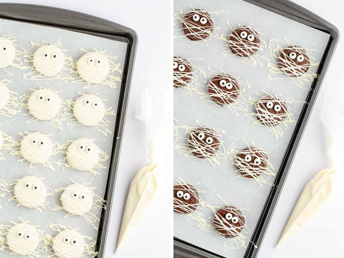 Collage image showing up close cookies piped with mummy stripes.