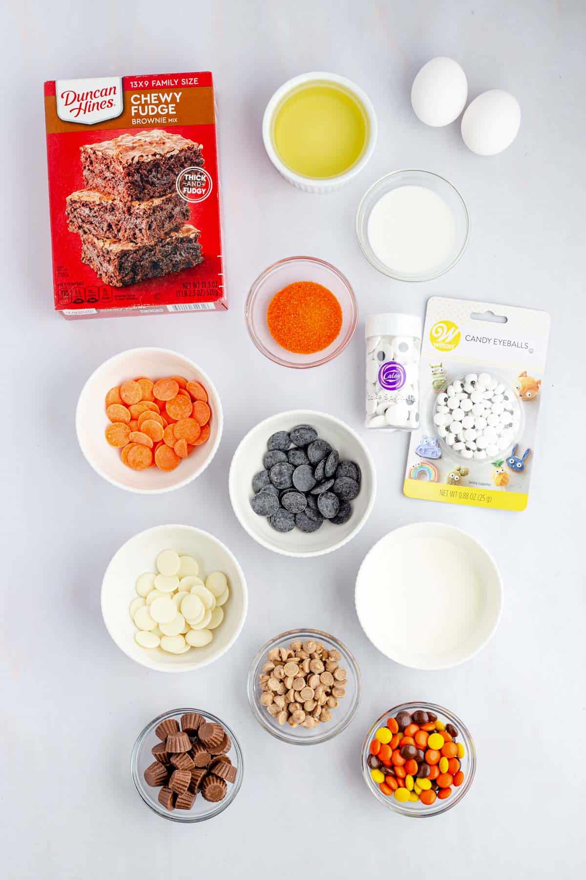 Image of ingredients needed to make halloween eyeball brownies.
