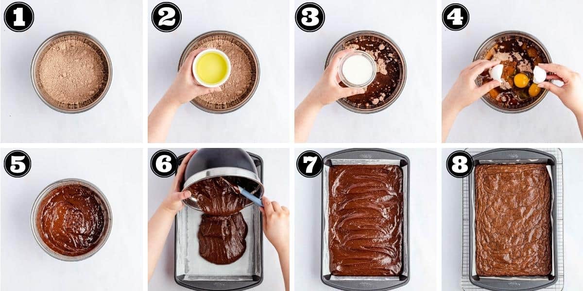 Collage images showing steps to make the brownie batter and place in pan to bake brownies.