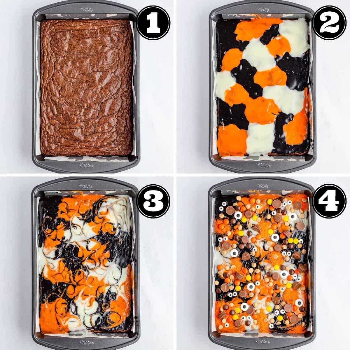 Collage images showing steps to spread ganache and add Reese's candies, eyeball candy, and sanding sugar toppings.