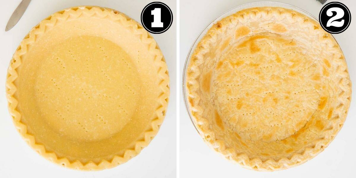 Collage image showing steps to blind bake pie crust.