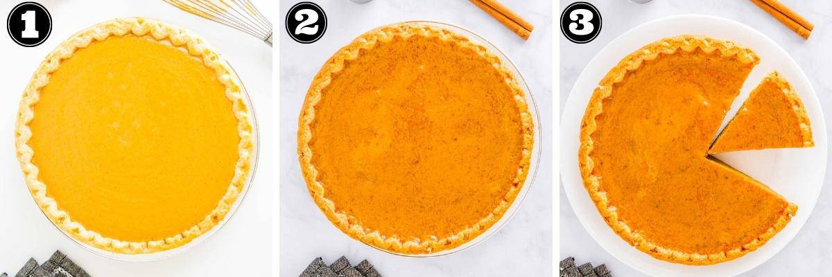 Collage image showing steps to bake the pumpkin pie.
