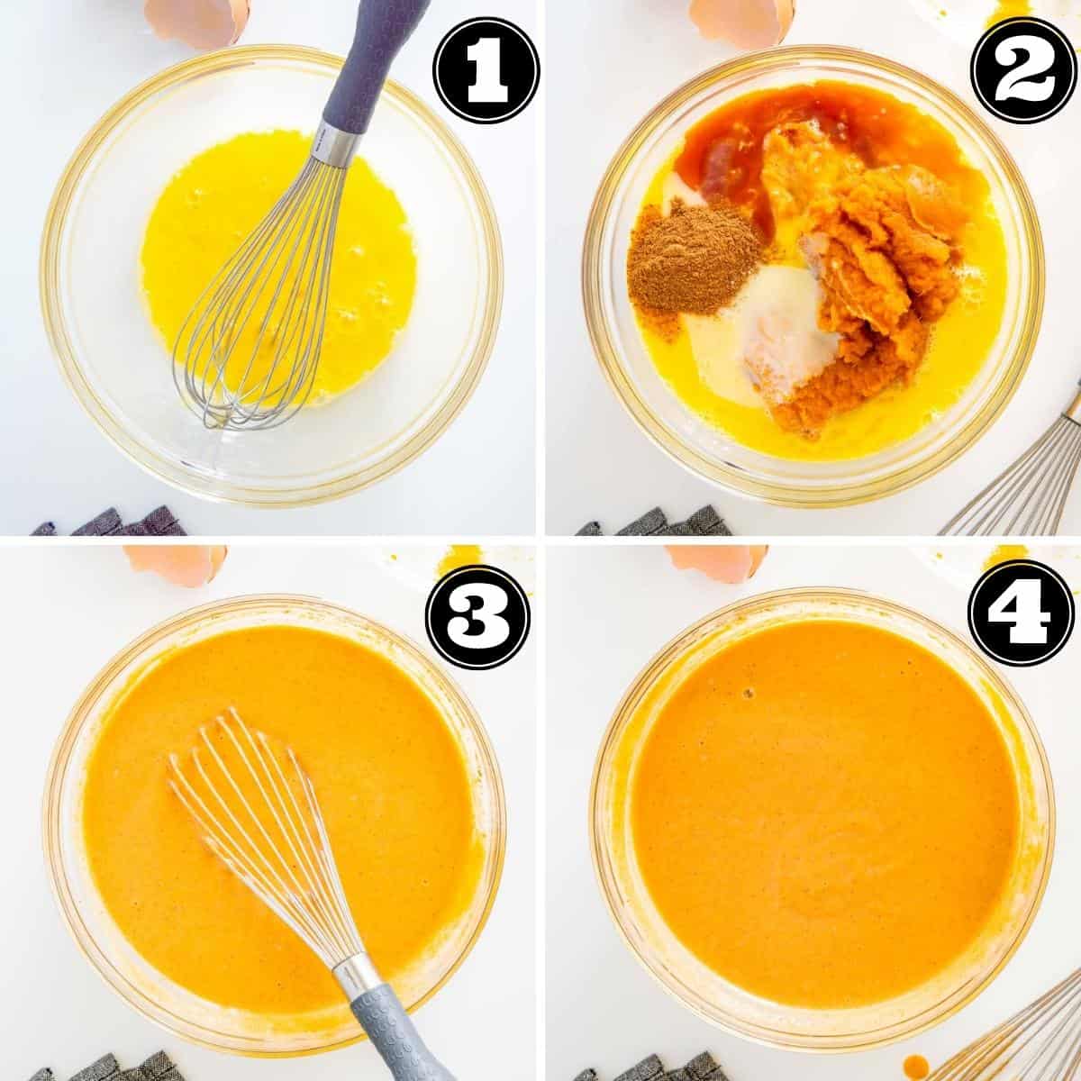 Collage image showing steps to make pumpkin pie filling mixture.