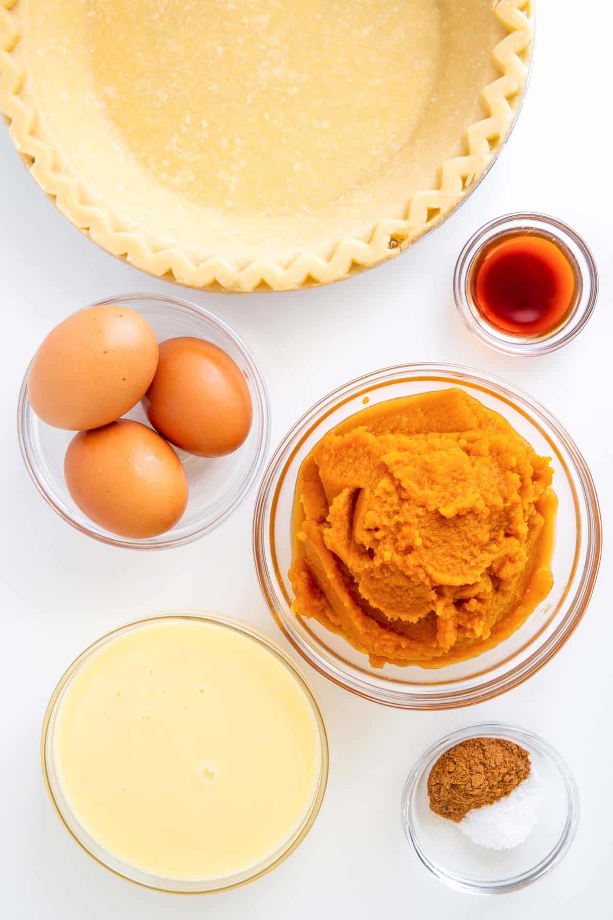 Image of ingredients needed to make pumpkin pie with condensed milk.