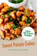 Pinterest collage image of sweet potato cubes on a white plate.