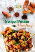 Pinterest collage image of sweet potato cubes on a white plate with a gold serving spoon.