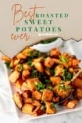 Pinterest collage image of sweet potato cubes on a white plate.