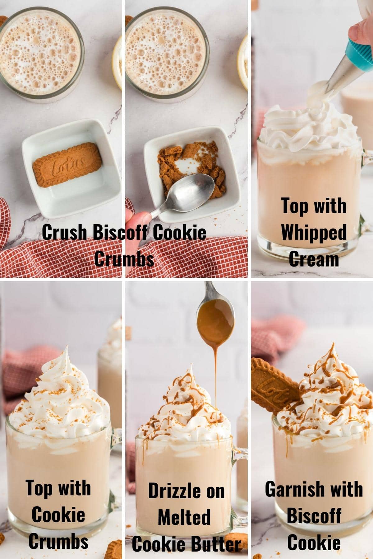 Collage image adding garnish of whipped cream, cookie butter crumbs, melted cookie butter, and a whole Biscoff cookie to top of latte.