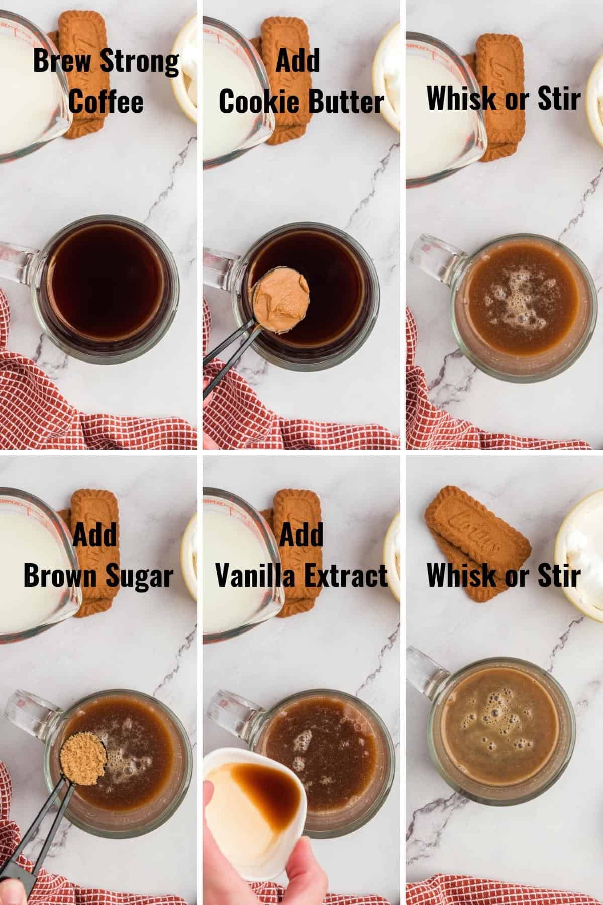 Collage images showing steps to add cookie butter, brown sugar, and vanilla to coffee.